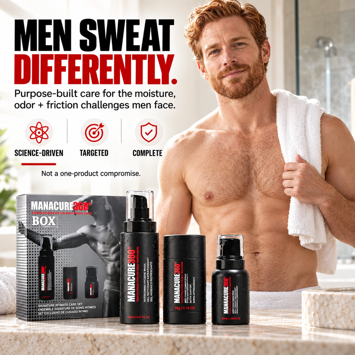 MANACURE360 Signature Intimate Care Set box and three care products on a stone counter beside a shirtless red-haired man holding a white towel, with science-driven, targeted and complete-care callouts.