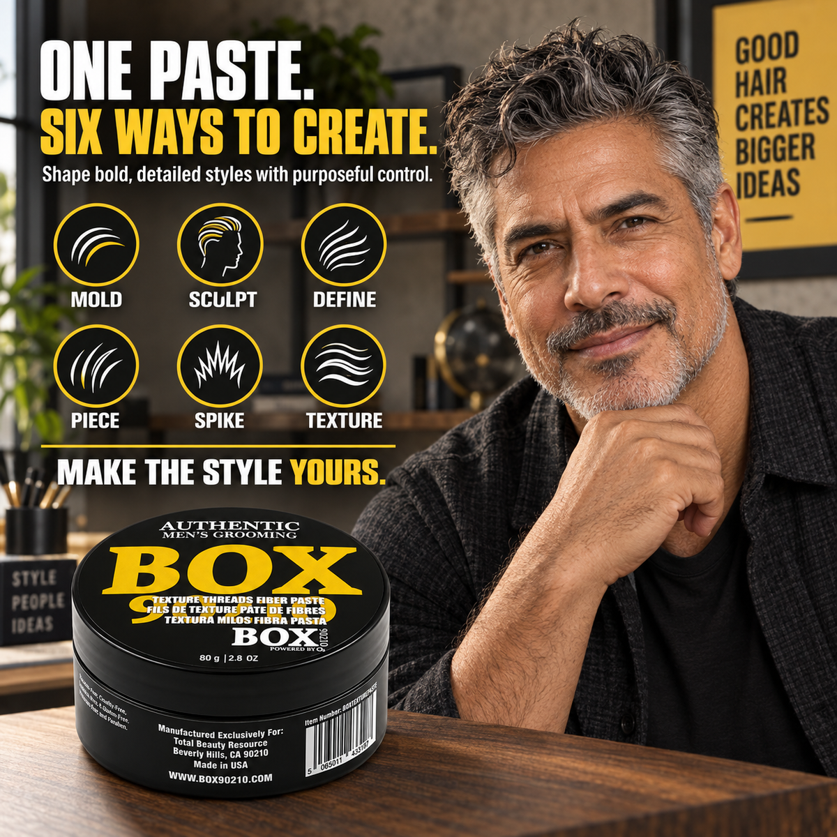 Salt-and-pepper-haired man beside a BOX90210 Texture Threads Fiber Paste jar and six styling icons labeled mold, sculpt, define, piece, spike and texture.