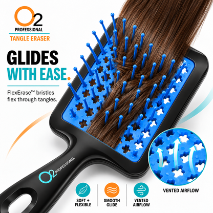 Close-up of brown hair passing through a blue-pad O2 Tangle Eraser brush, with an inset illustrating airflow through its vents.