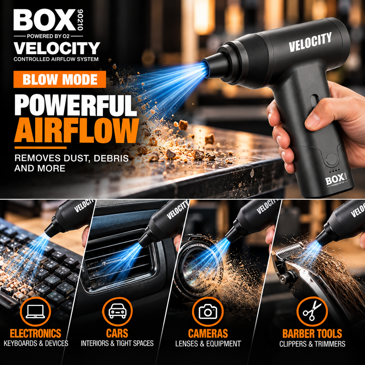 BOX90210 VELOCITY blow-mode graphic showing debris removal from a counter, keyboard, car vent, camera lens and clipper blades.