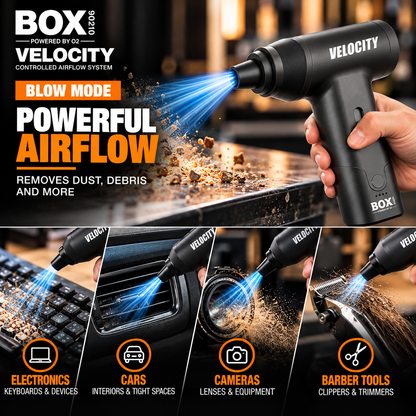 BOX90210 VELOCITY blow-mode graphic showing debris removal from a counter, keyboard, car vent, camera lens and clipper blades.