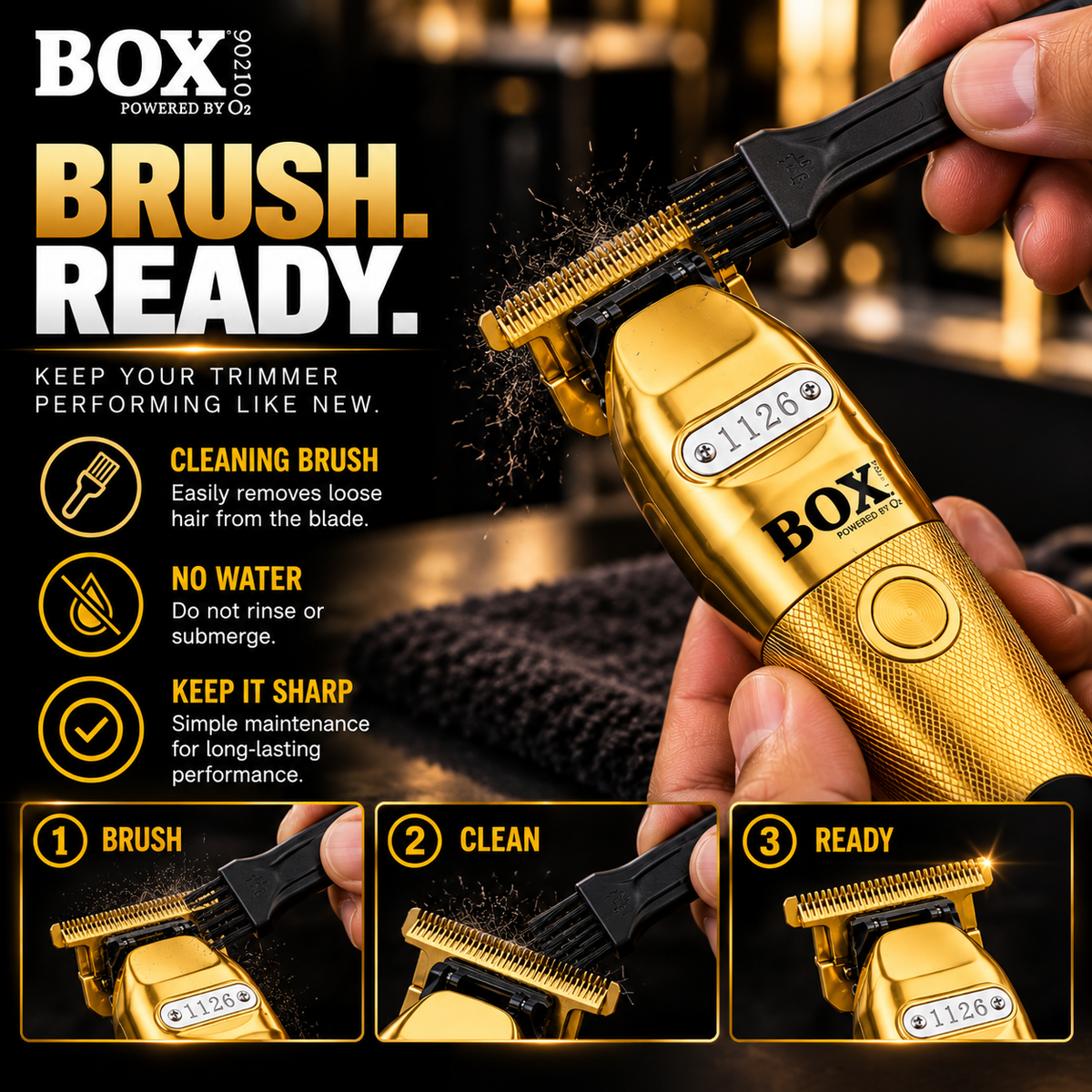 Hands brushing loose hair from a gold BOX90210 1126 trimmer's T-blade, with three cleaning-step panels and a no-water warning.