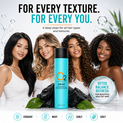 O2 CLEAN SLATE shampoo in front of four women with straight, wavy, curly, and coily hair, highlighting different hair textures.