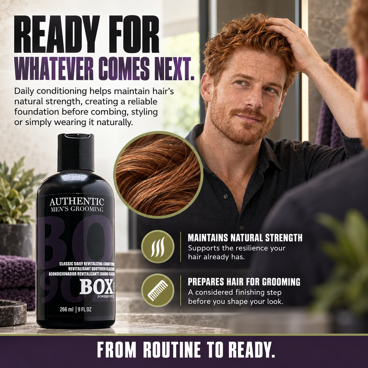 Red-haired man touching his hair in a mirror beside a BOX90210 Classic Daily Revitalizing Conditioner bottle and a circular hair close-up.