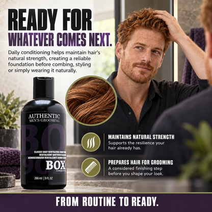 Red-haired man touching his hair in a mirror beside a BOX90210 Classic Daily Revitalizing Conditioner bottle and a circular hair close-up.