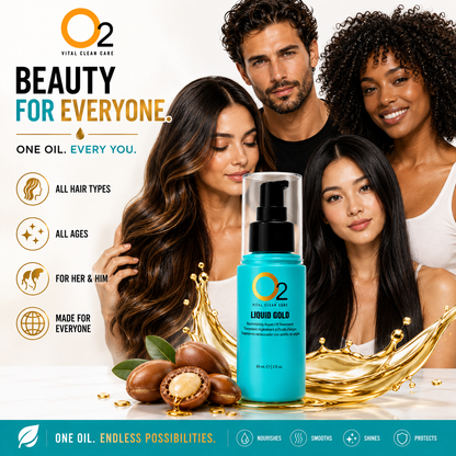 O2 LIQUID GOLD argan oil treatment in front of three women and a man with different hair textures, under “Beauty for everyone.”