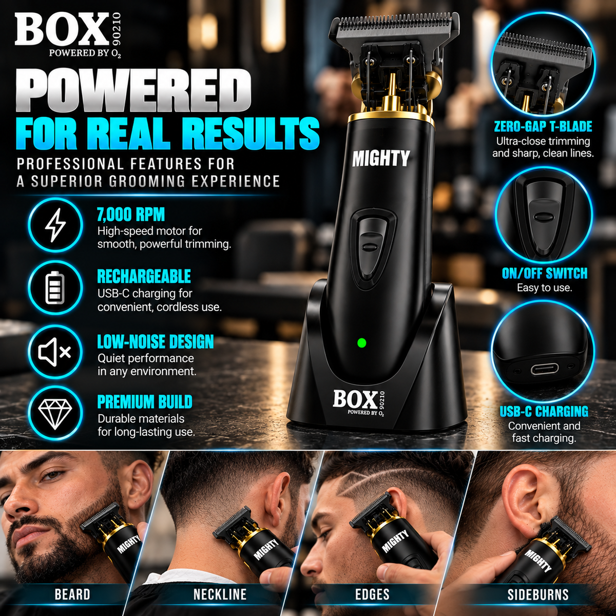 BOX90210 MIGHTY trimmer in its stand, with close-ups of the T-blade, power switch and USB-C port above four grooming panels.