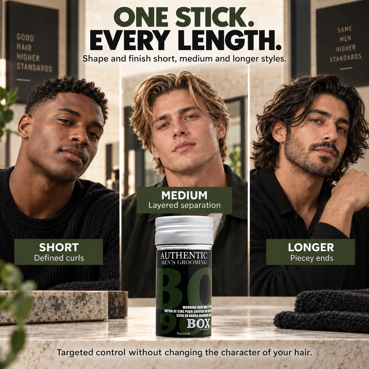 BOX90210 Morning Hair Wax Stick on a light stone counter in front of three men’s portraits showing short curls, medium layered hair and longer wavy hair.