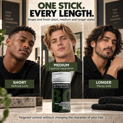 BOX90210 Morning Hair Wax Stick on a light stone counter in front of three men’s portraits showing short curls, medium layered hair and longer wavy hair.