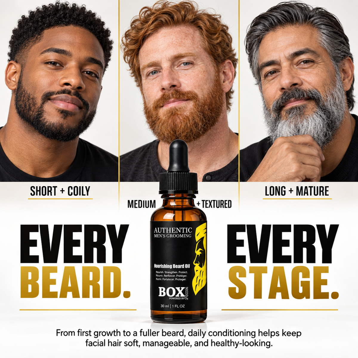 BOX90210 Nourishing Beard Oil bottle below three men’s portraits showing a short coily beard, a medium textured red beard and a longer salt-and-pepper beard.