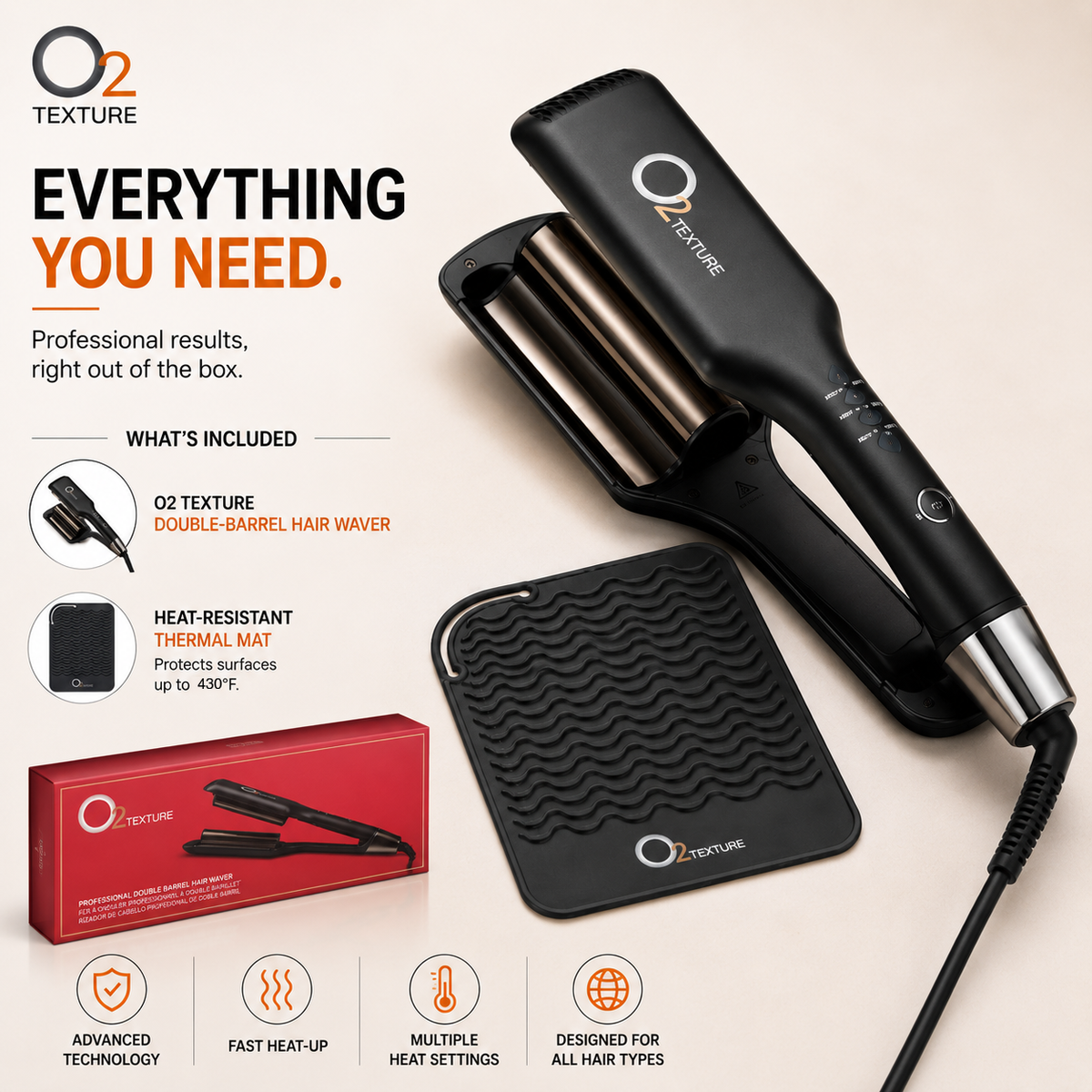 O2TEXTURE Double Waver shown open beside a black heat-resistant thermal mat and red retail box.