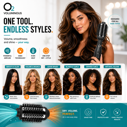 Woman holding O2VOLUMINOUS dryer brush above six hairstyle examples, including sleek hair, loose waves, curls and natural volume.
