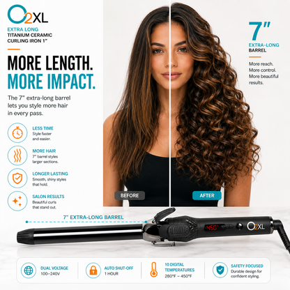 O2XL 1-inch curling iron with a split before-and-after image showing long straight hair transformed into defined curls.