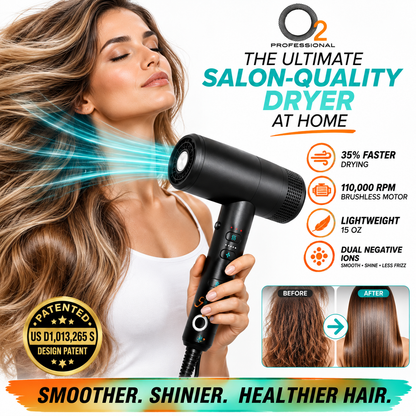 A woman holds a black O2 Professional salon-quality hair dryer while emitting blue airflow graphics. The ad includes marketing text, feature icons, a patent badge, and a before/after hair result inset on a white background.