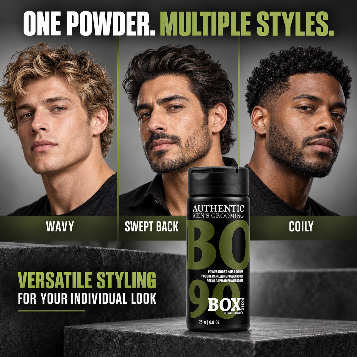 BOX90210 Power Boost Hair Powder bottle on a dark stone platform in front of three men’s portraits labeled wavy, swept back and coily.