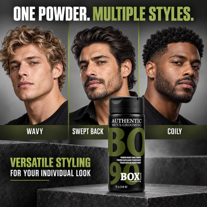 BOX90210 Power Boost Hair Powder bottle on a dark stone platform in front of three men’s portraits labeled wavy, swept back and coily.