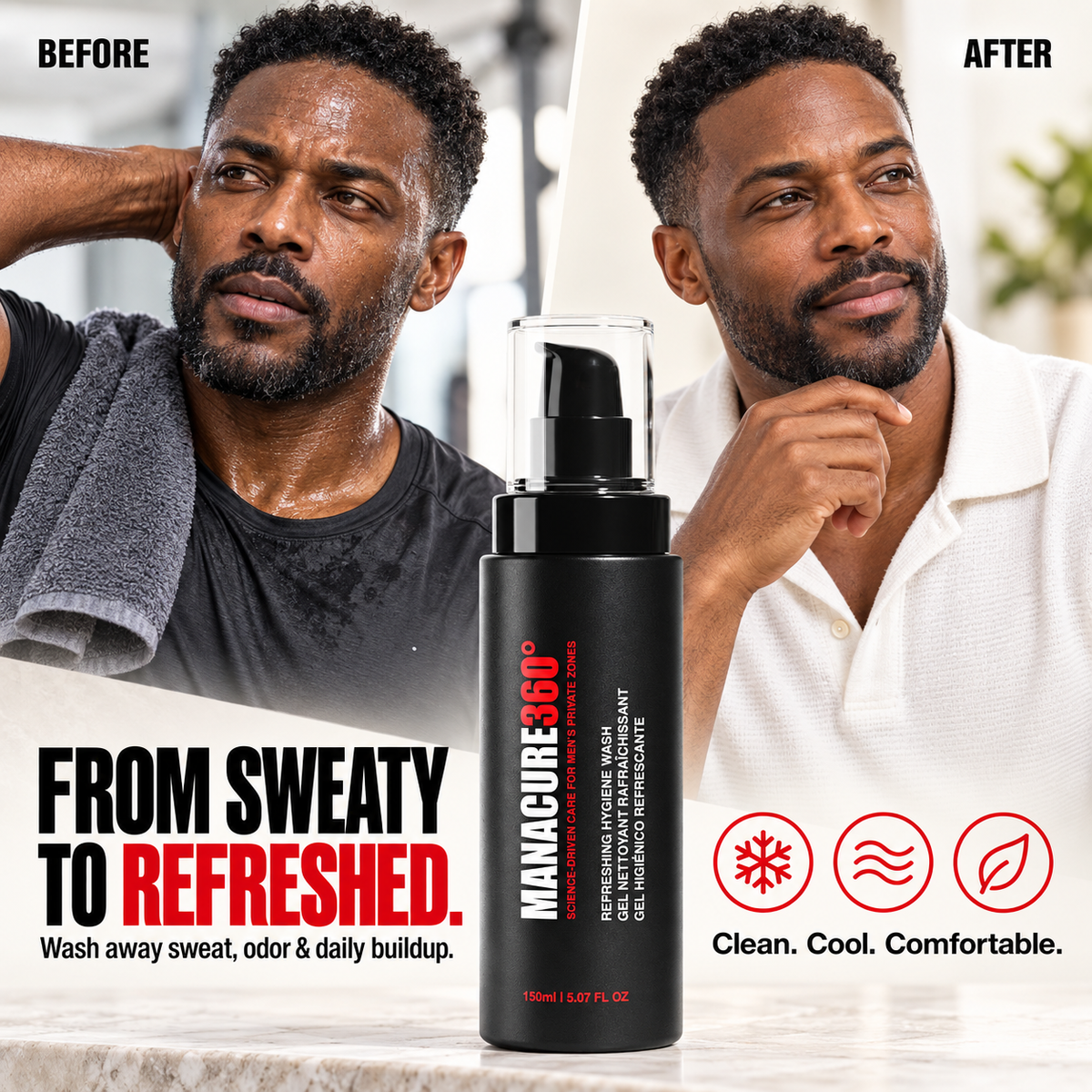 MANACURE360 Refreshing Hygiene Wash bottle between before-and-after portraits of a man wearing a damp black shirt with a towel on the left and a white collared shirt on the right.