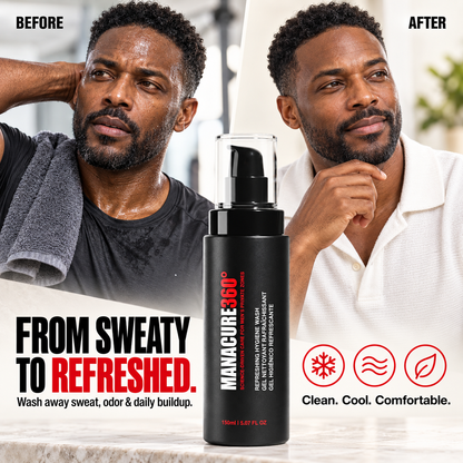 MANACURE360 Refreshing Hygiene Wash bottle between before-and-after portraits of a man wearing a damp black shirt with a towel on the left and a white collared shirt on the right.