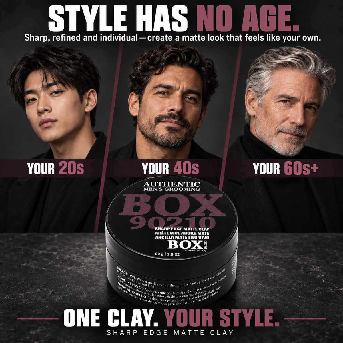 BOX90210 Sharp Edge Matte Clay jar on a dark counter in front of three men’s portraits labeled your 20s, your 40s and your 60s+.