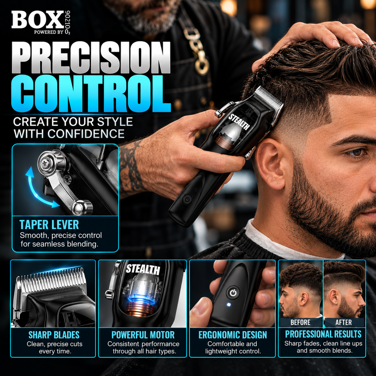 Barber using a BOX90210 STEALTH clipper, with close-ups of the taper lever, blades, motor and power button plus haircut comparisons.