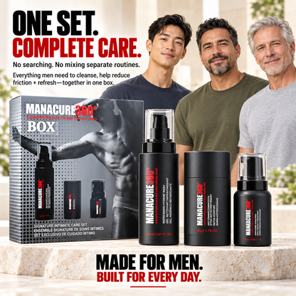 MANACURE360 Signature Intimate Care Set box with wash, comfort stick and spray on a stone counter in front of three men of different ages.