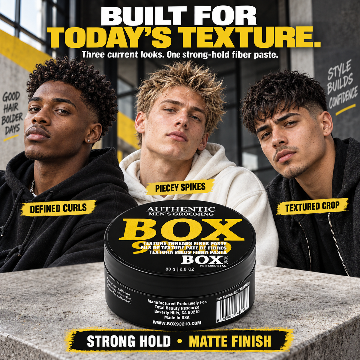 BOX90210 Texture Threads Fiber Paste jar on a stone counter in front of three men’s portraits labeled defined curls, piecey spikes and textured crop.