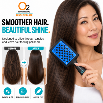 Woman brushing long brown hair with a blue-pad O2 Tangle Eraser, beside before-and-after photos comparing tousled and smooth hair.