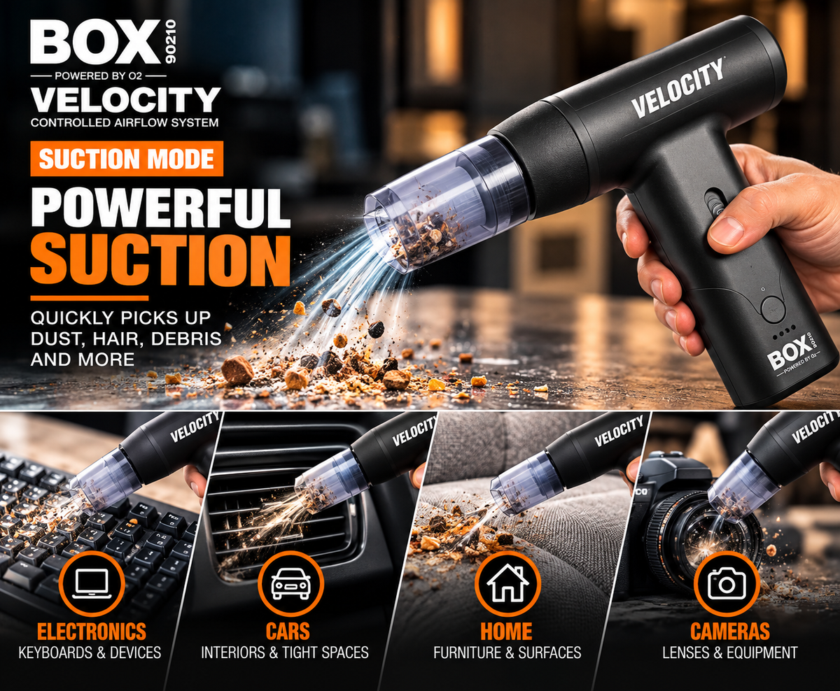 BOX90210 VELOCITY suction-mode graphic with a clear collection attachment picking up debris from a counter and other surfaces.