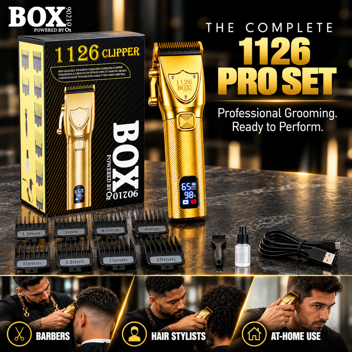 Gold BOX90210 1126 clipper set with retail box, eight guide combs, brush, oil and charging cable above three haircutting panels.
