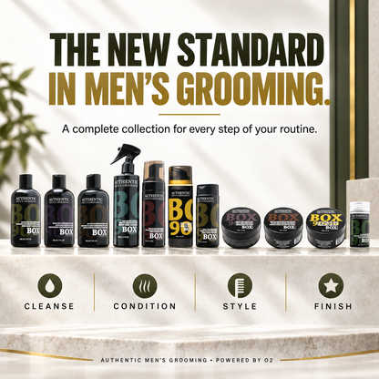 BOX90210 men’s grooming bottles, sprays, styling jars and wax stick lined up on a light stone counter above cleanse, condition, style and finish icons.