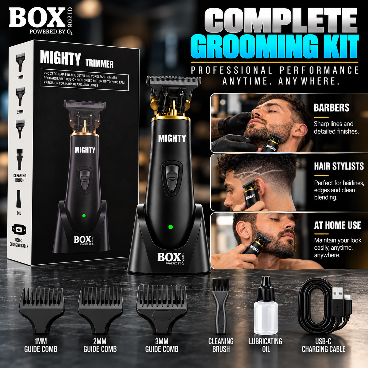 BOX90210 MIGHTY trimmer with stand, retail box, three guide combs, brush, oil and USB-C cable beside three grooming-use panels.