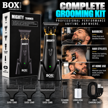 BOX90210 MIGHTY trimmer with stand, retail box, three guide combs, brush, oil and USB-C cable beside three grooming-use panels.