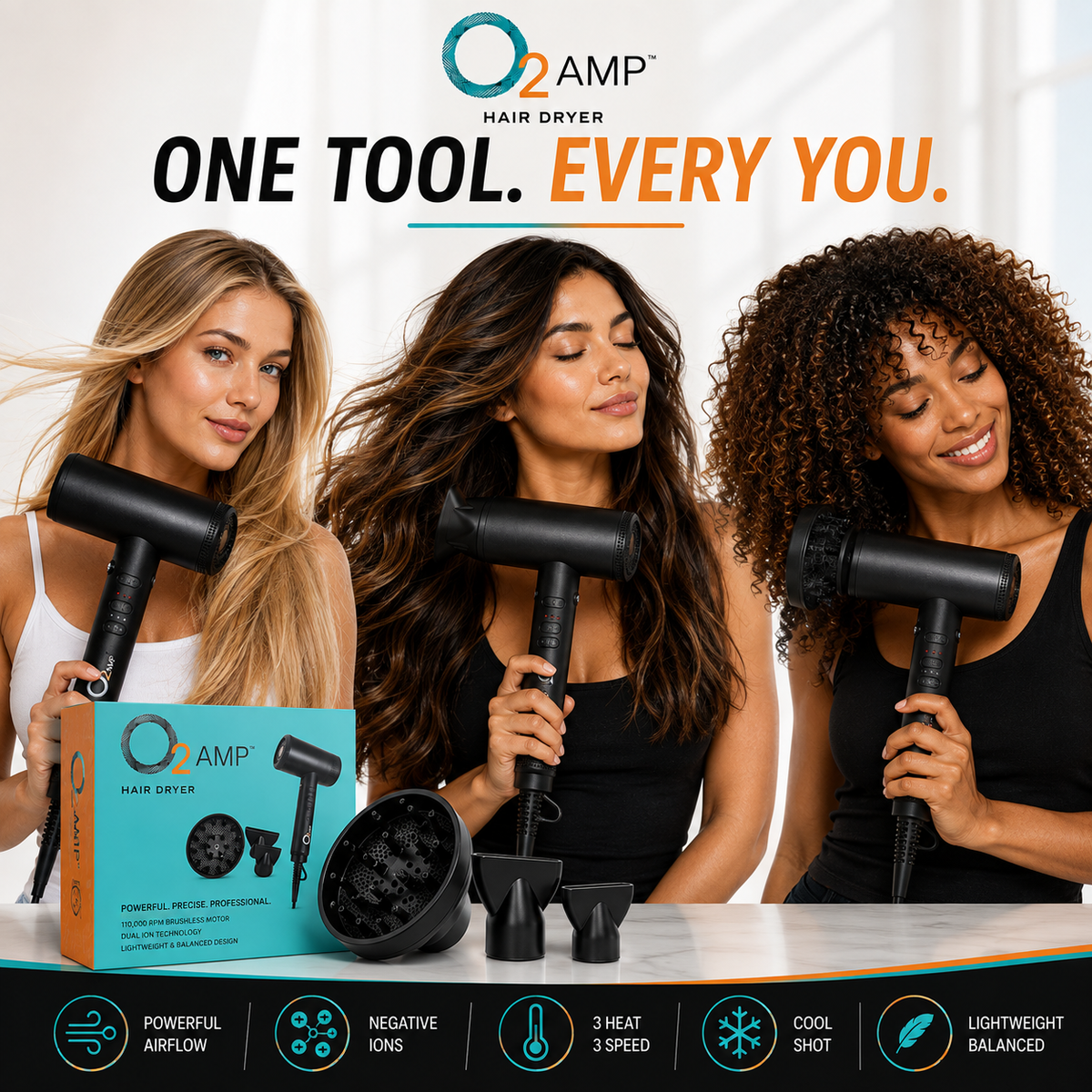 Three women with straight, wavy and curly hair holding O2AMP dryers, with turquoise box, diffuser and two nozzles on a counter.
