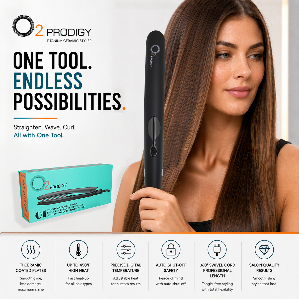 “Woman with long straight hair holding the O2PRODIGY styler, alongside its turquoise retail box and styling feature icons.”