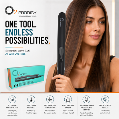 “Woman with long straight hair holding the O2PRODIGY styler, alongside its turquoise retail box and styling feature icons.”