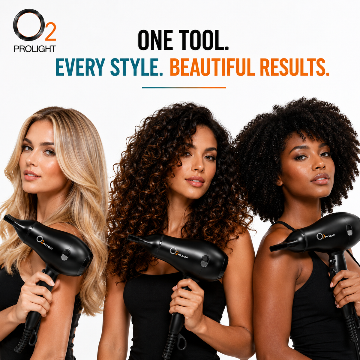 Three women with wavy, curly and coily hair holding black O2PROLIGHT hair dryers with concentrator nozzles.