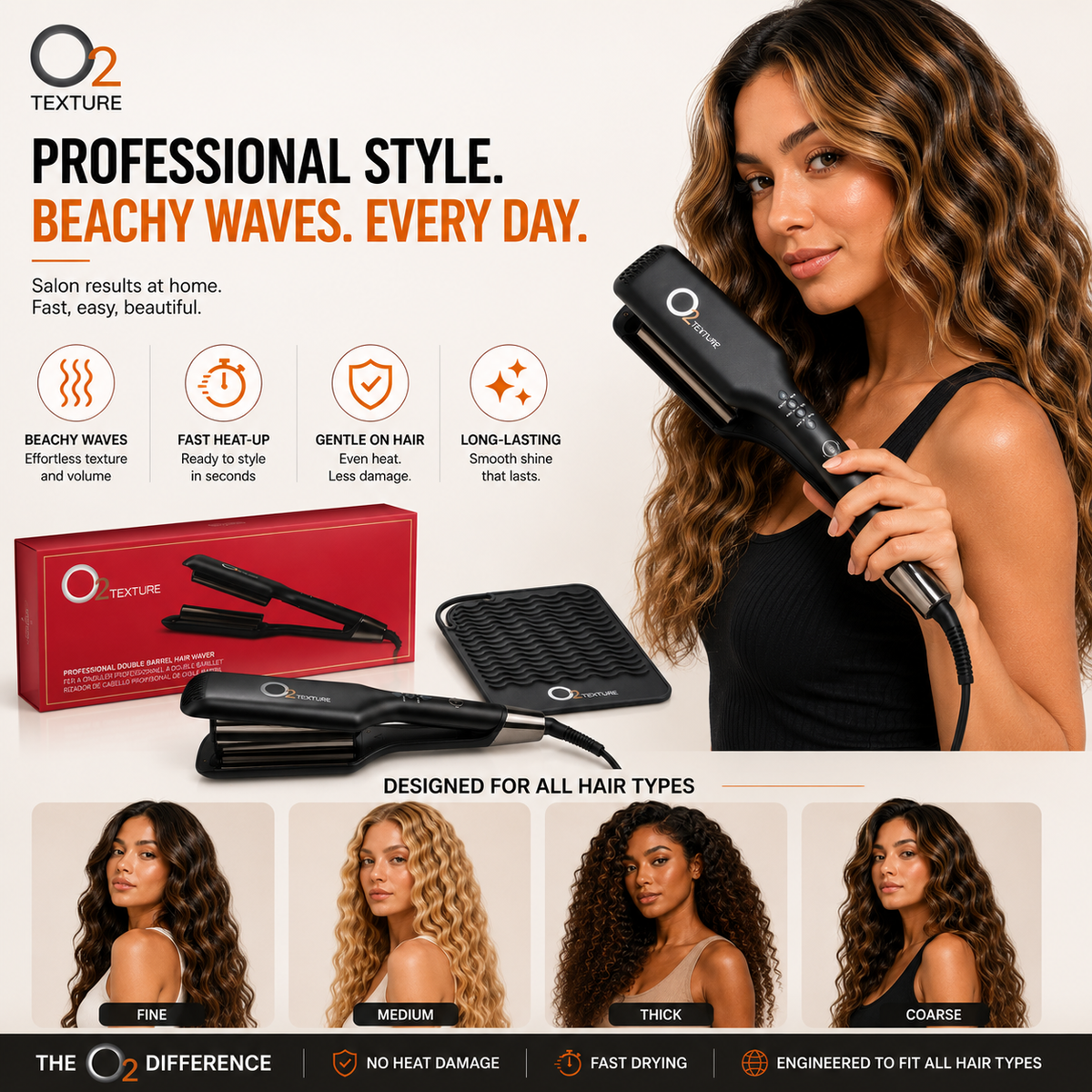 Woman holding the O2TEXTURE Double Waver, with its red retail box, black thermal mat and four hairstyle examples.