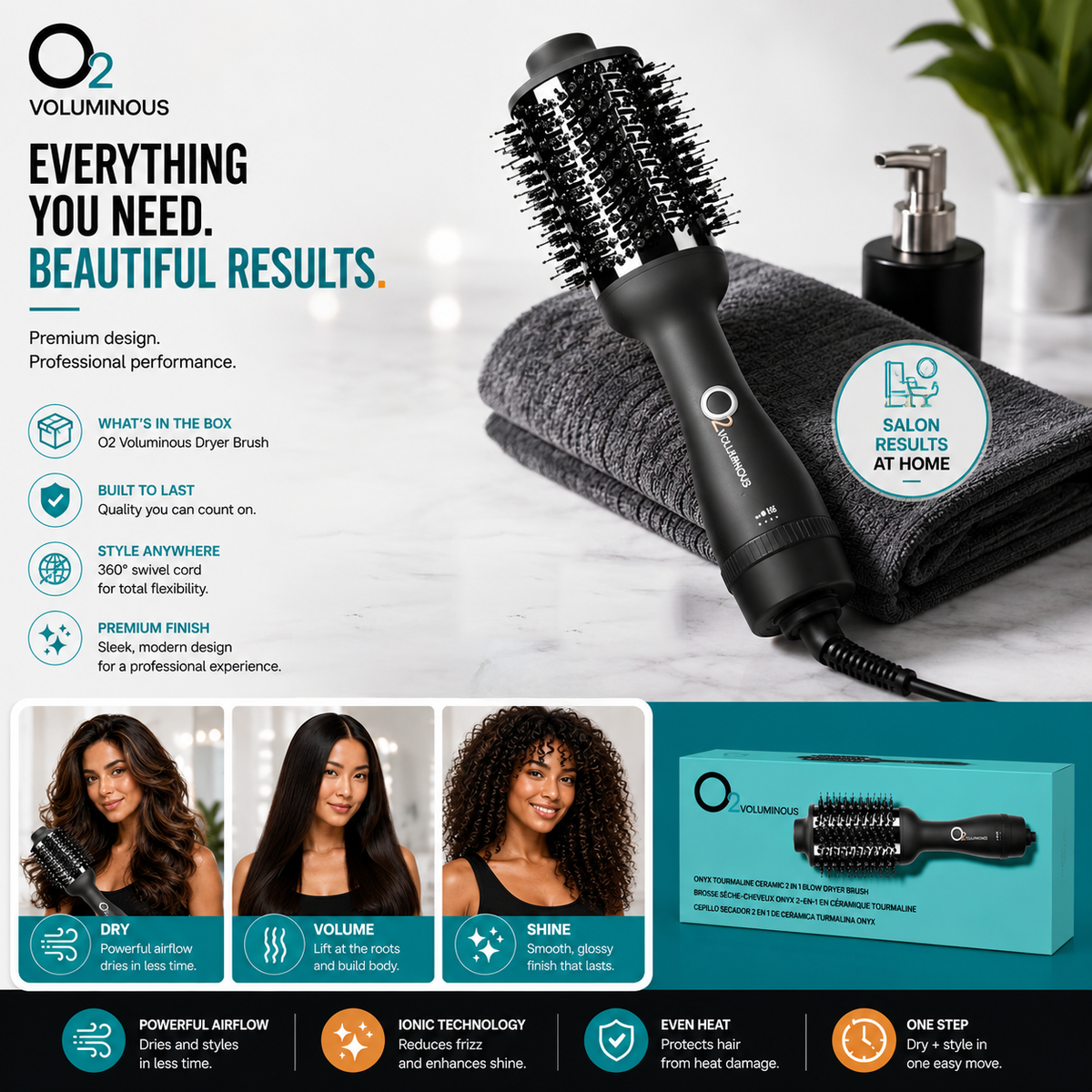 O2VOLUMINOUS dryer brush resting on folded gray towels, with turquoise product box and three hairstyle portraits below.