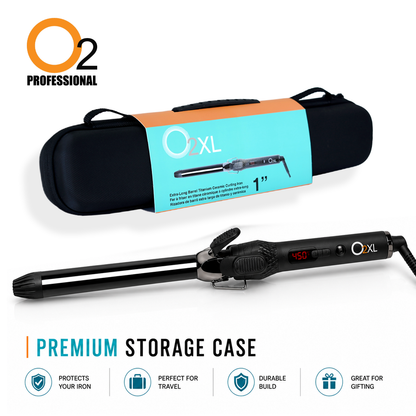 O2XL 1-inch curling iron beside a black zippered storage case with turquoise and orange packaging.