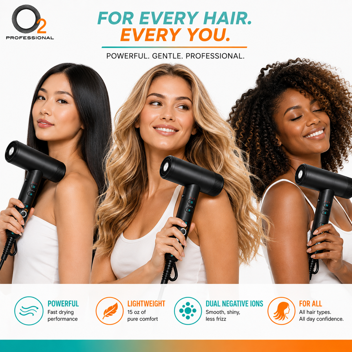Three women holding black O2 Professional hair dryers, shown against a white background with promotional text and feature icons at the bottom.