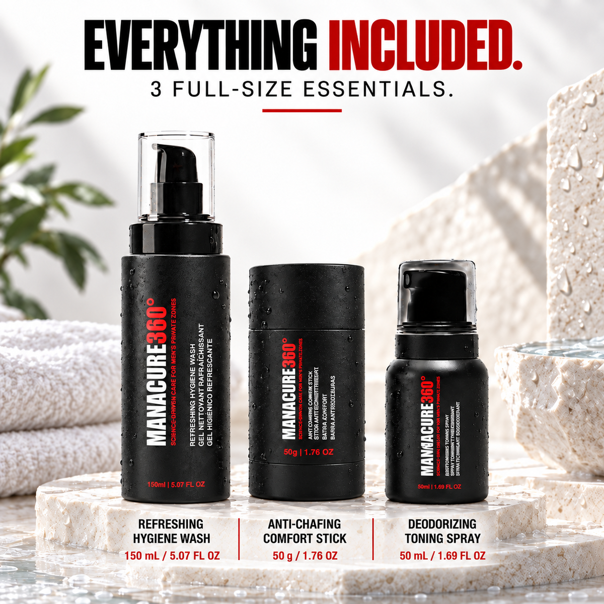 MANACURE360 Refreshing Hygiene Wash, Anti-Chafing Comfort Stick and Deodorizing Toning Spray on wet stone steps, labeled 150 ml, 50 g and 50 ml respectively.