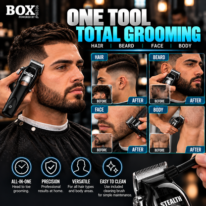 BOX90210 STEALTH clipper graphic showing hair, beard, face and body grooming examples, plus a brush cleaning the clipper blades.