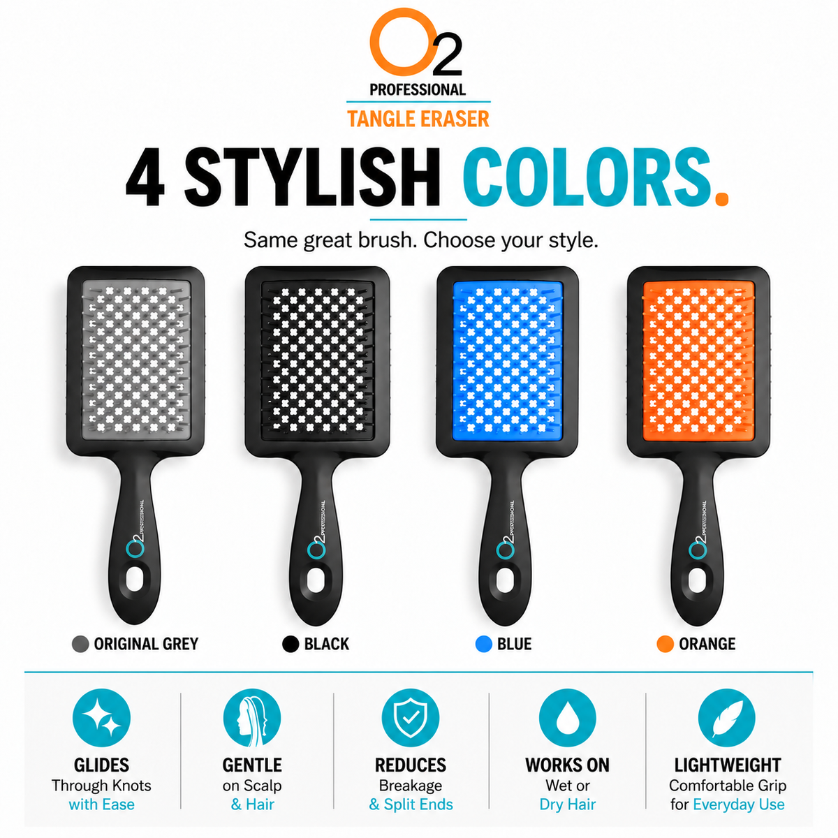 Four black-handled O2 Tangle Eraser brushes with gray, black, blue, and orange bristle pads, displayed side by side on white.