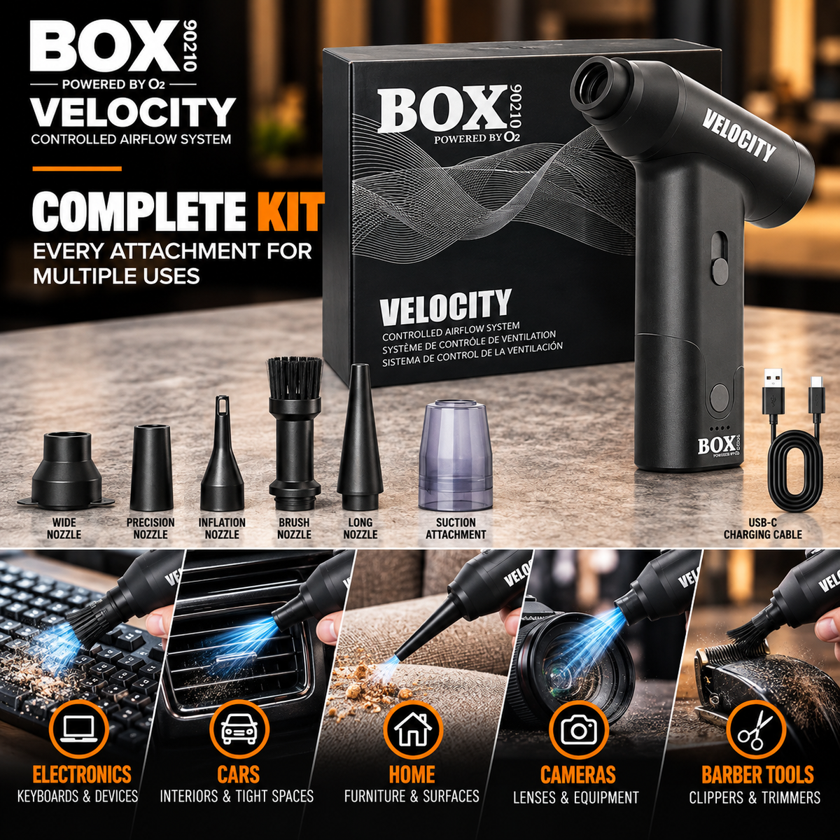 BOX90210 VELOCITY kit with retail box, five nozzle attachments, a clear suction attachment and USB-C charging cable.