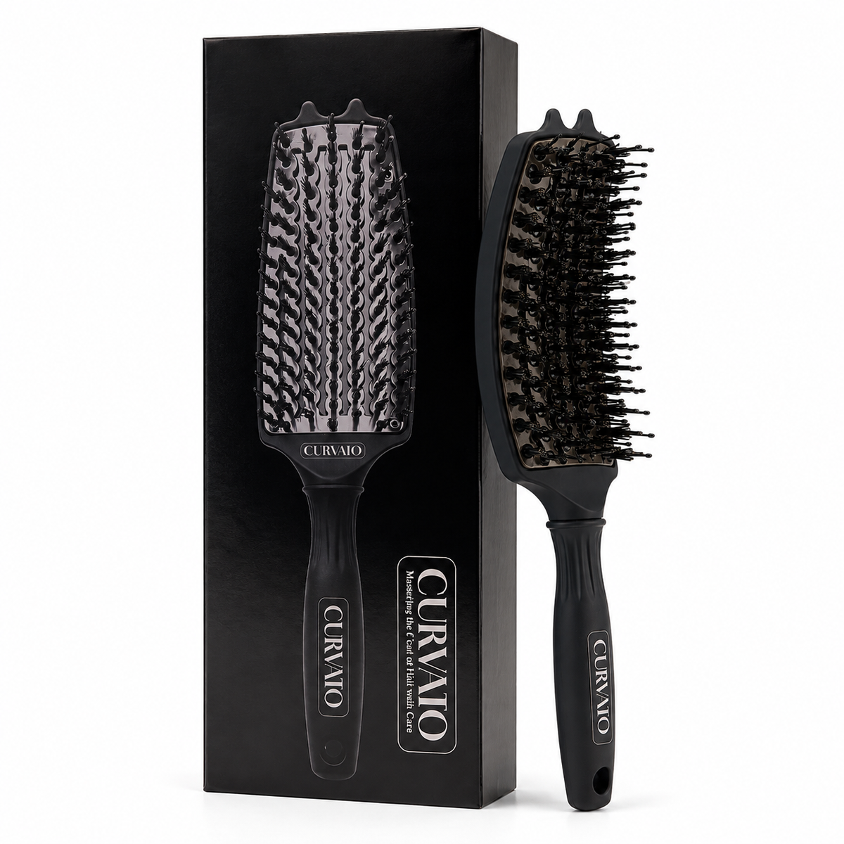Black CURVATO curved thermal brush with rounded bristle tips and a hanging hole in the handle, shown beside its matching black retail box on white.