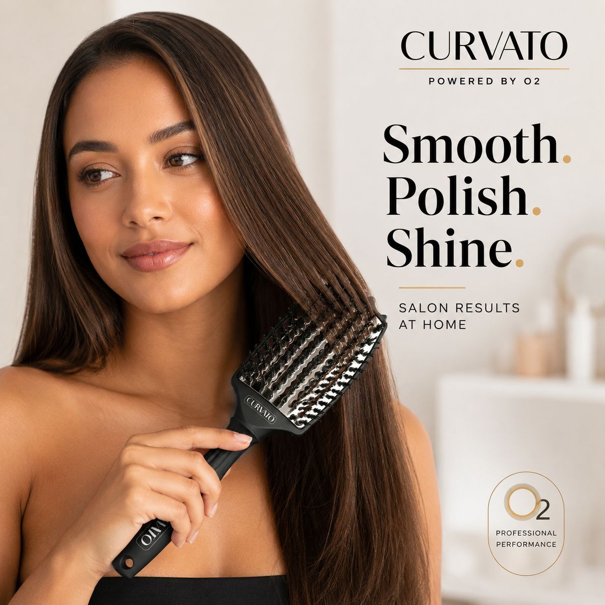 Woman brushing her long straight brown hair with a black CURVATO curved thermal brush, beside smooth, polish and shine text and O2 branding.