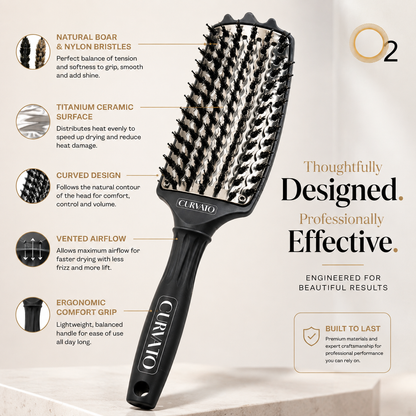 Black CURVATO curved thermal brush with close-up feature callouts for boar and nylon bristles, titanium ceramic surface, curved design, vented airflow and ergonomic grip.