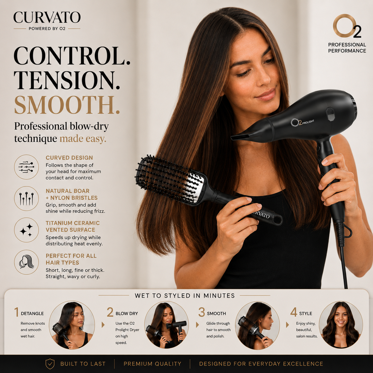 Woman blow-drying her long brown hair with a black CURVATO brush and O2 PROLIGHT dryer fitted with a concentrator nozzle, above detangle, blow dry, smooth and style panels.