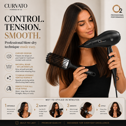 Woman blow-drying her long brown hair with a black CURVATO brush and O2 PROLIGHT dryer fitted with a concentrator nozzle, above detangle, blow dry, smooth and style panels.