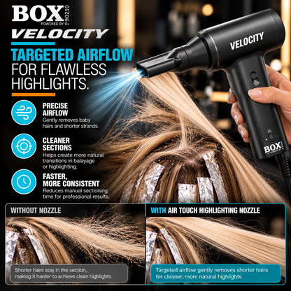 BOX90210 VELOCITY highlighting nozzle directing airflow through sectioned hair above foils, with a with-and-without nozzle comparison.